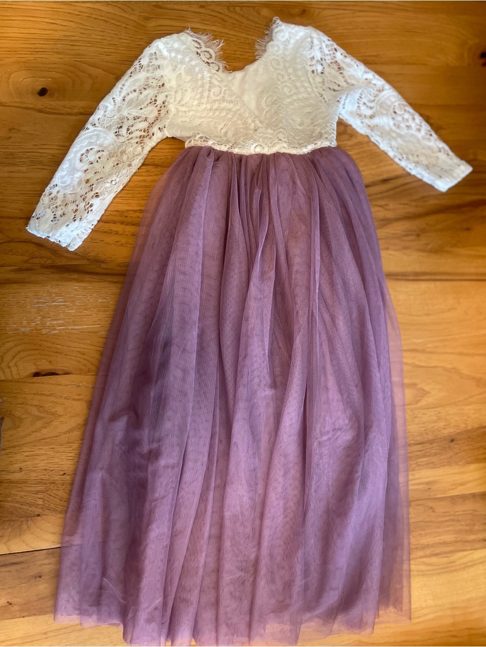 Girls' Lace Bodice Tulle Skirt Formal Dress - White & Dusty Purple - Picture 3 of 8